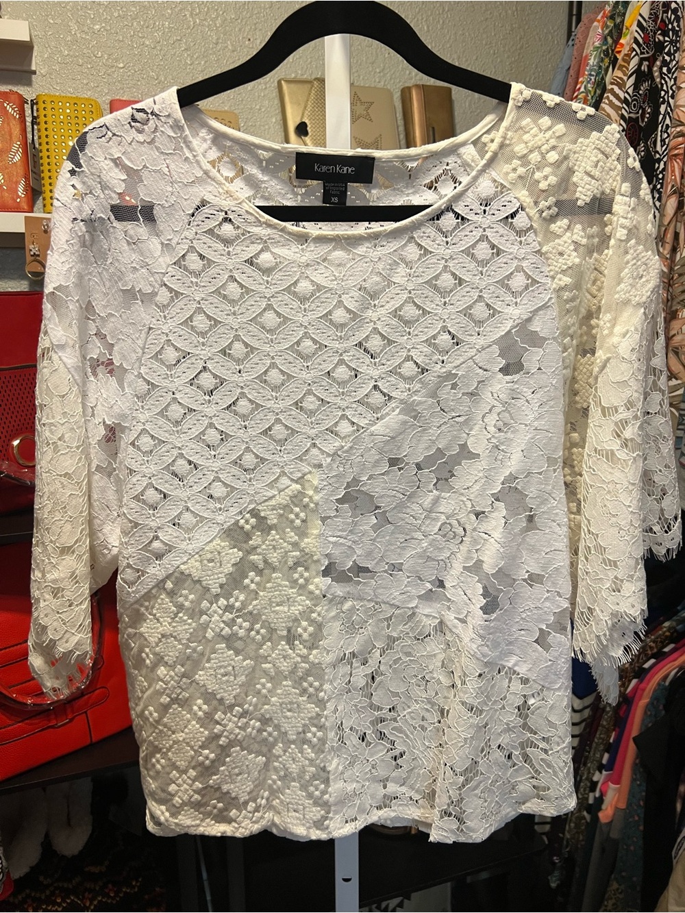 Karen Kane Cream Lace Top with Mixed Lace Panels